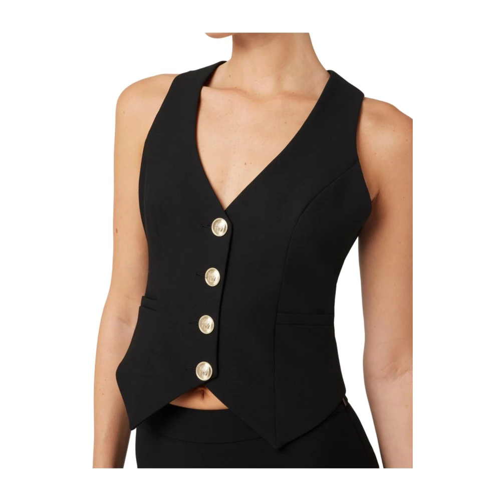 Guess V-hals Twill Gilet met Contrastknopen Black Dames