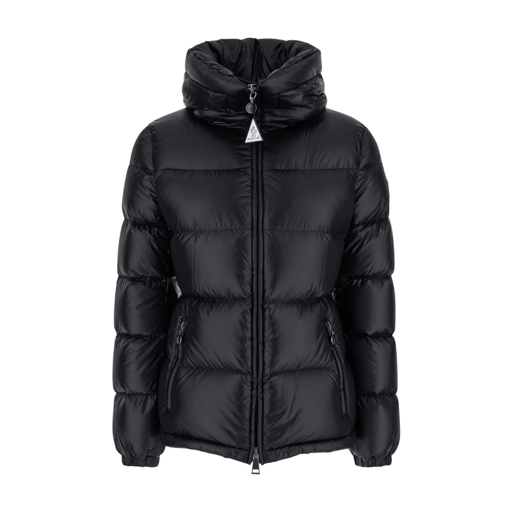 Moncler Zwarte gewatteerde jas met capuchon en logo Black Dames