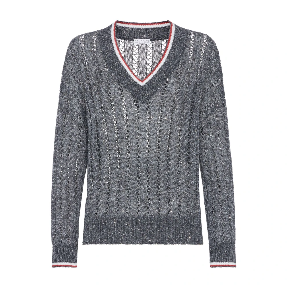 BRUNELLO CUCINELLI Grijze Trui met Gestreepte Rand Gray Dames