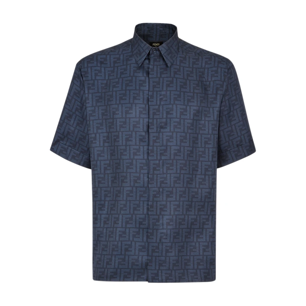Fendi Men's Blue Silk Shirt With Italian Collar - Short Sleeve Shirts - M - Shirts