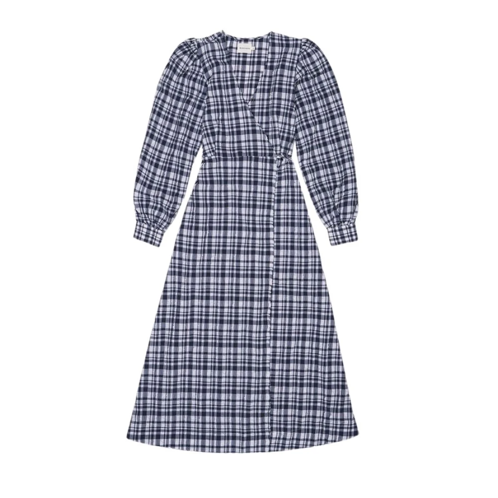 The New Society Seersucker Midi Jurk met Strik Detail Blue Dames