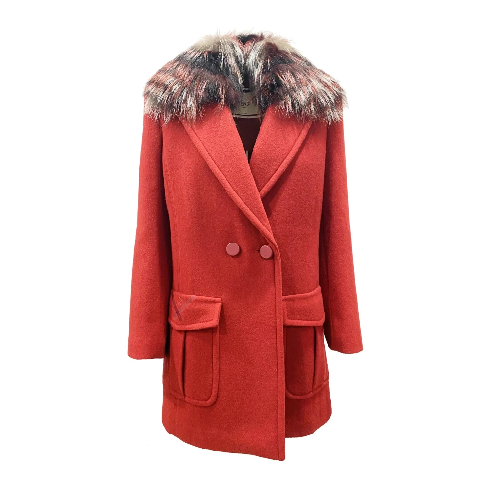 Fendi Women's Red Winter Anorak With Fox Fur Collar