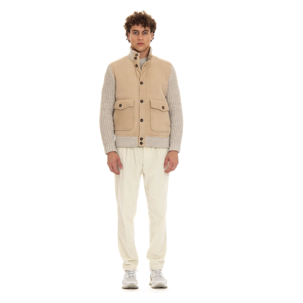 Eleventy Beige Gebreide Kraag Jas met Knopen Beige Heren