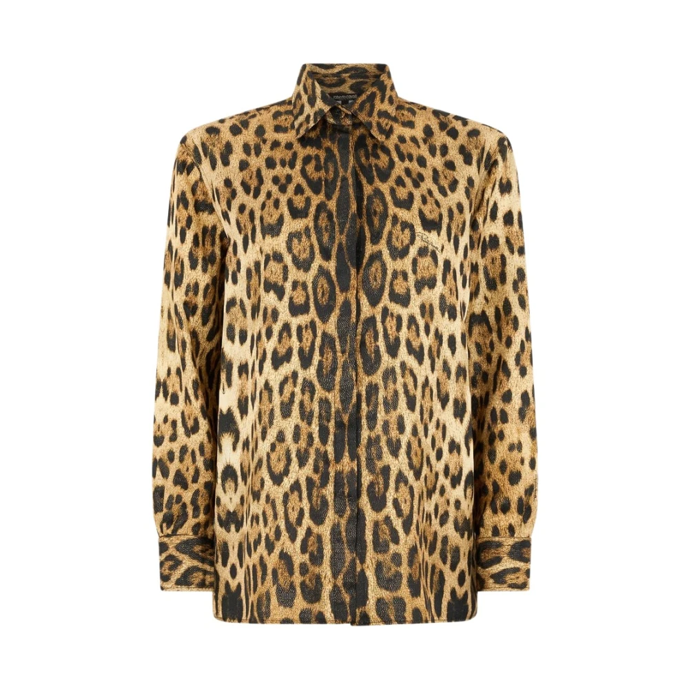 Roberto Cavalli Brown Shirts, Female, Xl, Silk Shirt With Jaguar Print