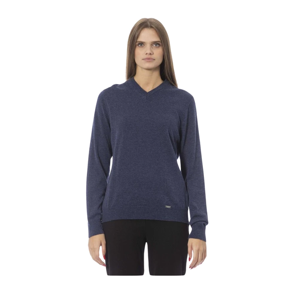 Baldinini Blauwe V-hals Geribbelde Trui met Monogramdetail Blue Dames