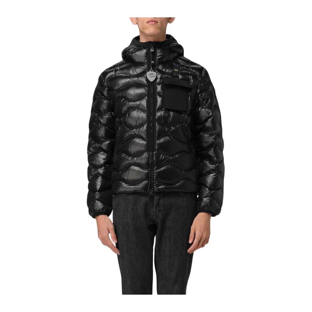 Blauer Svart Vadderad Jacka Med Huva