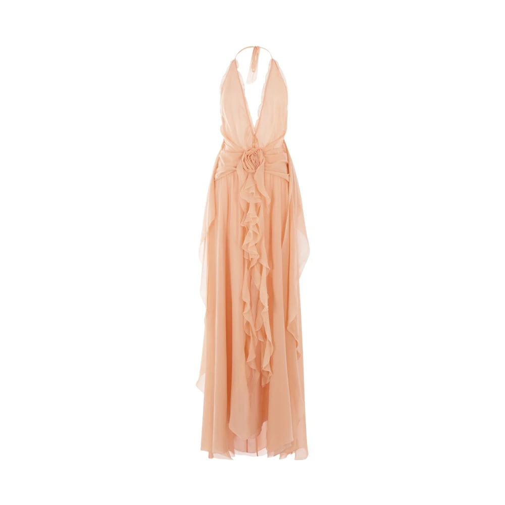 Blumarine Perzik Georgette Lange Jurk met 3D Rozen Pink Dames
