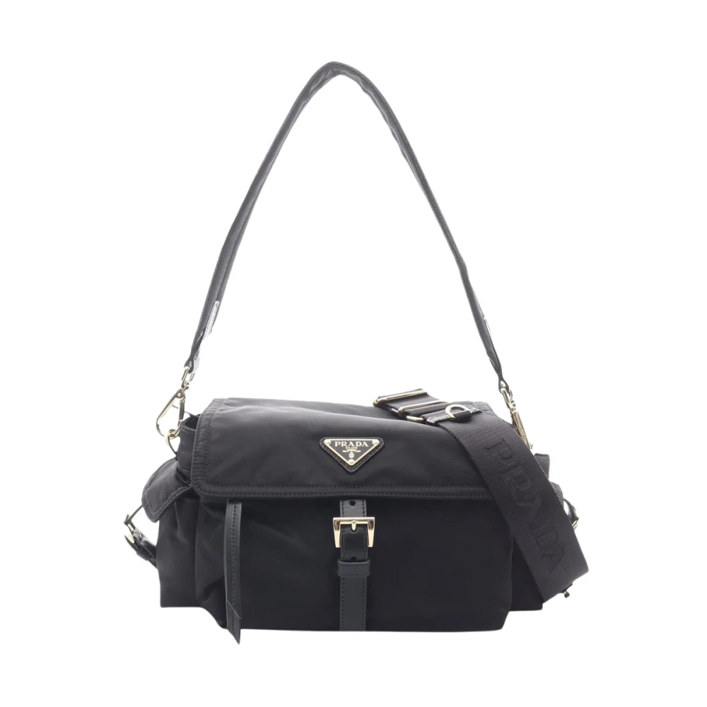 Prada Vintage Women's Black Pre-Owned Vintage Nylon Shoulder Bag With Buckle Detail