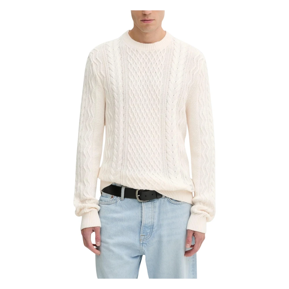 Tommy Jeans Men's Beige Round-Neck Knitwear, M, Cable Knit Crew Neck Jumper
