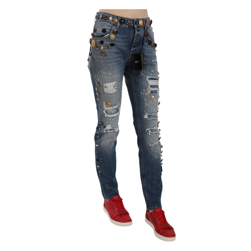 Dolce & Gabbana Kristalversierde Versleten Denim Jeans Blue Dames