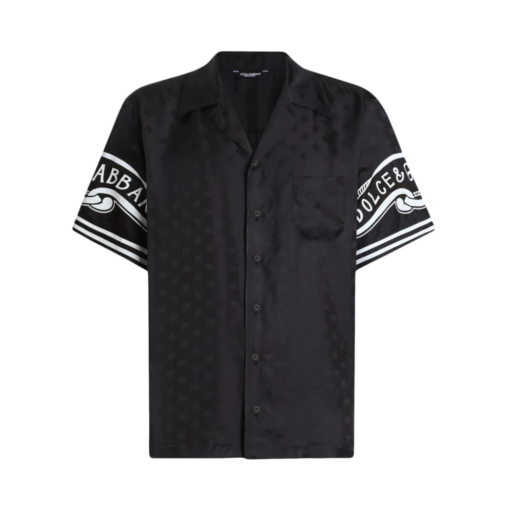 Dolce & Gabbana Zwarte Logo Print Camp Kraag Shirt Black Heren