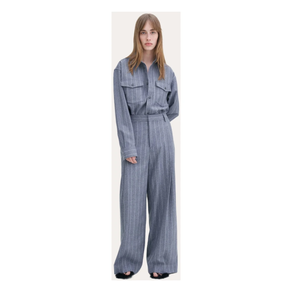 Filippa K Blauw Gestreepte Wijde Geplooide Broek Blue Dames