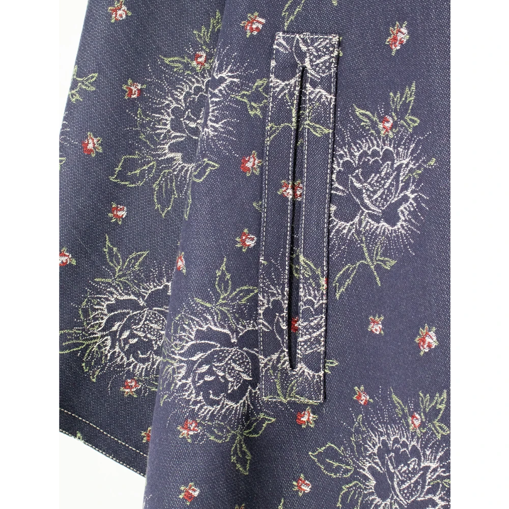 ETRO Bloemen Jacquard Denim Cape met Pegasus knopen Blue Dames