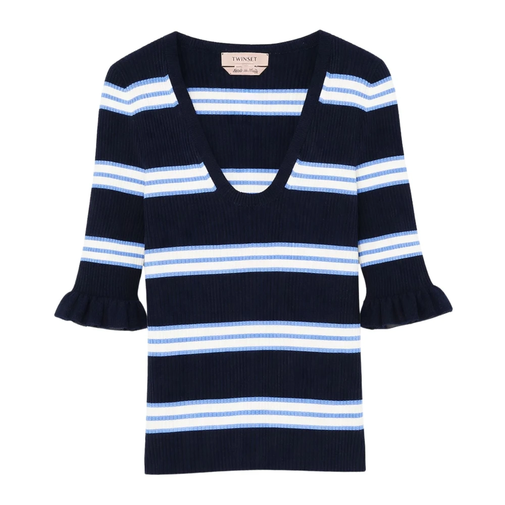 Twinset Women's Blue Striped Top - Round-Neck Knitwear - Xl - Knitwear