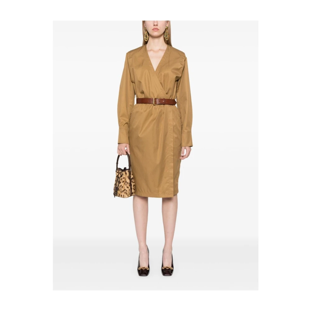 Saint Laurent Kameel Katoenen Twill Midi Jurk Brown Dames
