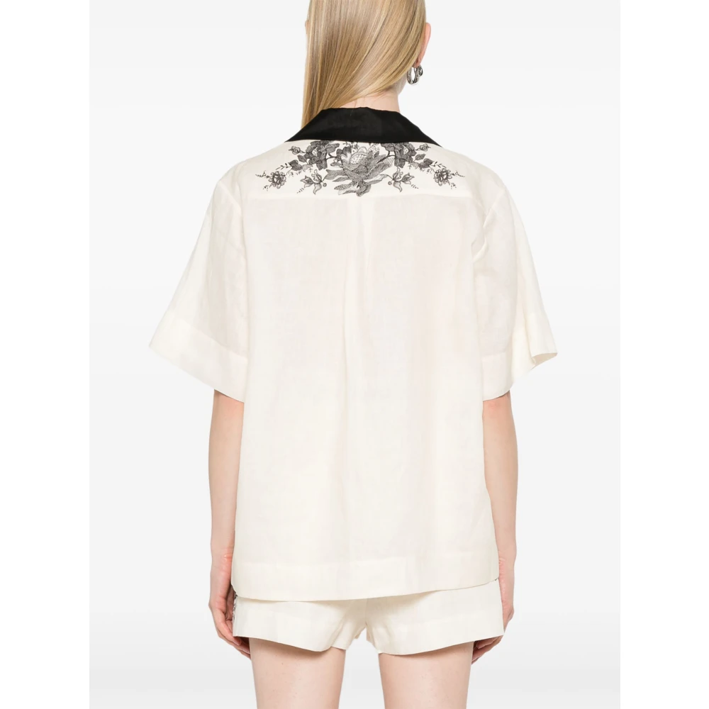Zimmermann Bloemen Linnen Shirt Cubaanse Kraag Beige Dames