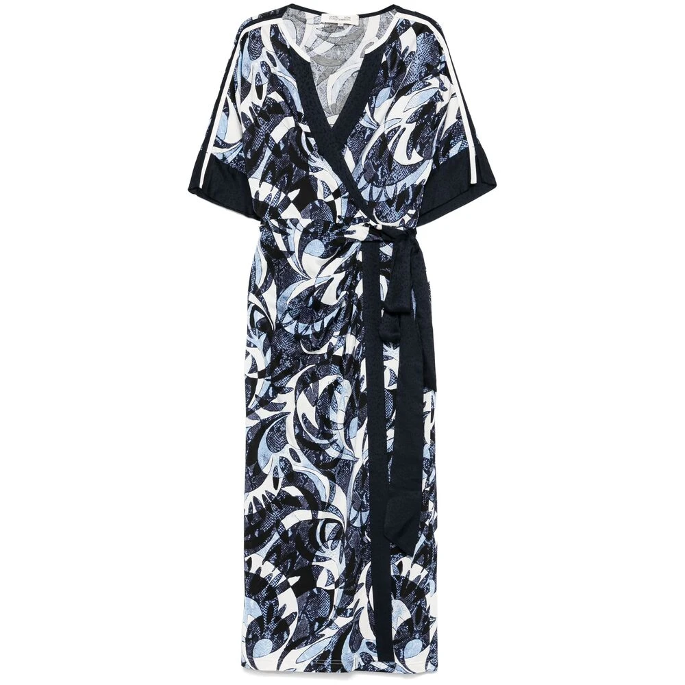 Diane Von Furstenberg Blauw Witte Wikkeljurk Abstracte Print Black Dames