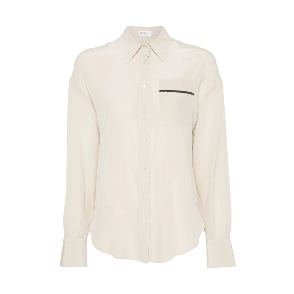 BRUNELLO CUCINELLI Zijden Crepe Klassieke Kraag Shirt Beige Dames
