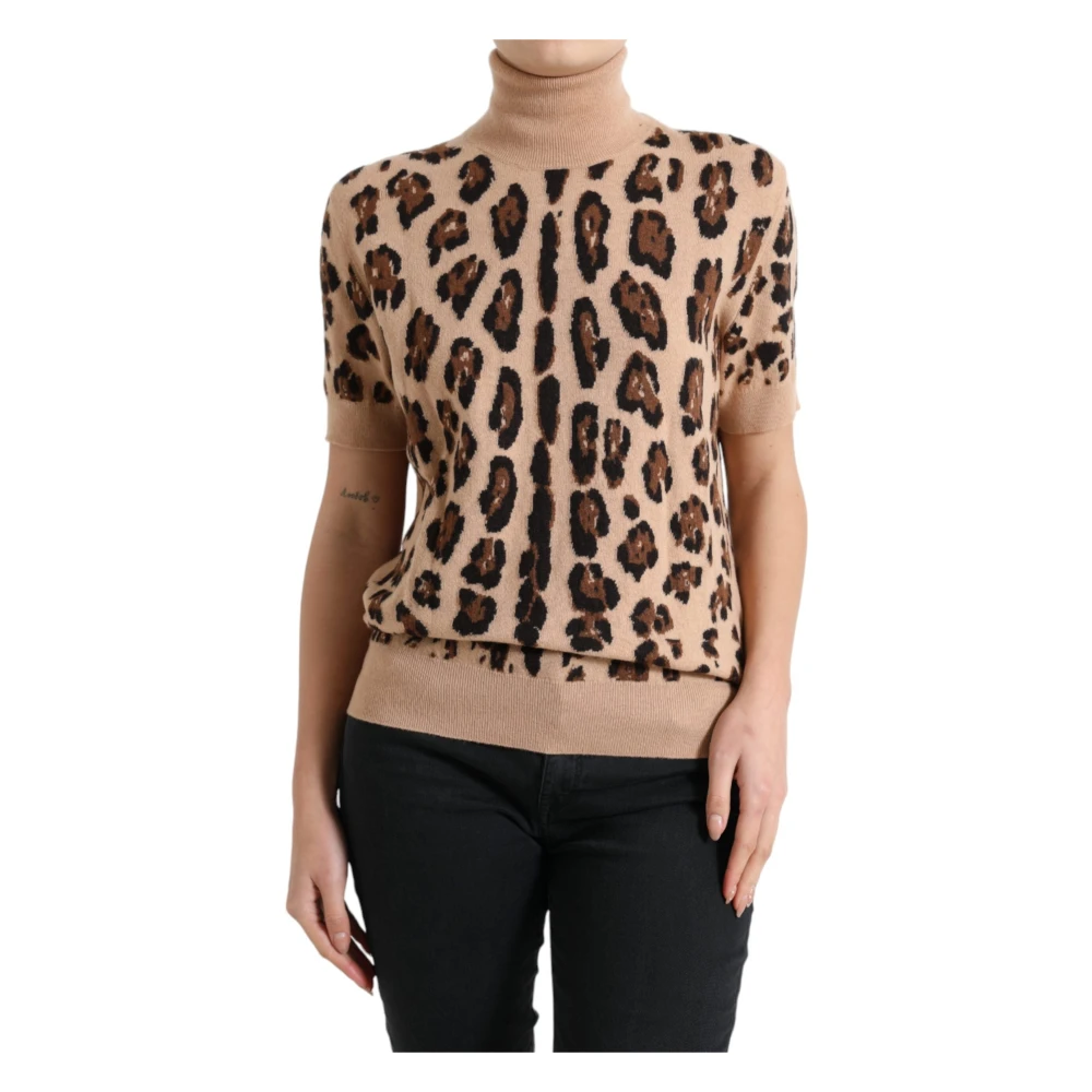 Dolce & Gabbana Women's Beige Elegant Leopard Turtleneck Wool Top