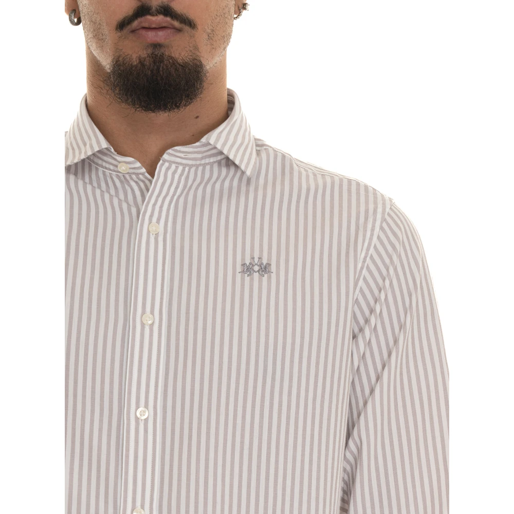 LA MARTINA Gestreept shirt met lange mouwen en Franse hals Beige Heren