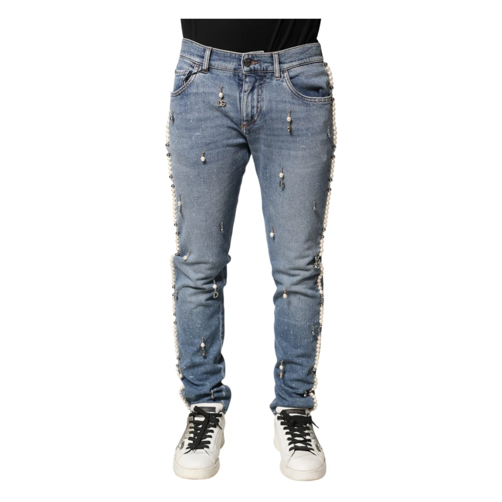 Dolce & Gabbana Men's Blue Embellished Cotton Skinny Jeans - Slim Fit Jeans - S - Jeans