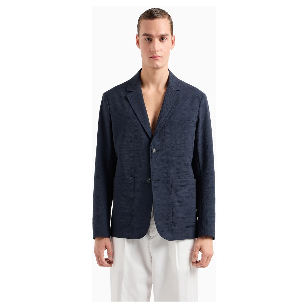 Emporio Armani Seersucker Monopetto Jas met Revers Kraag Blue Heren