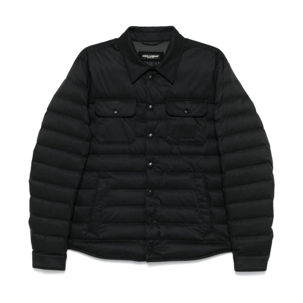 Dolce & Gabbana Snap Front Gewatteerde Jas Logo Patch Black Heren