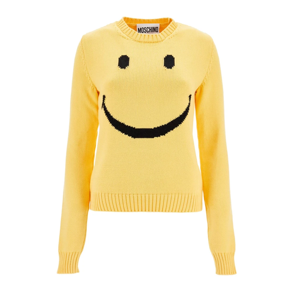 Moschino Smiley Patroon Crew Neck Gebreide Kleding Yellow Dames