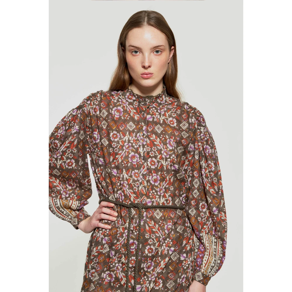Antik batik Bloemenprint jurk Brown Dames