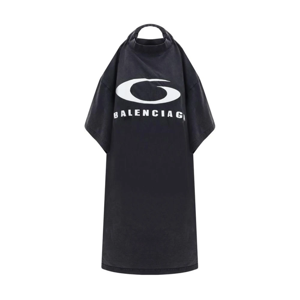 Balenciaga Iconische Monogram Katoenen Jurk met Blote Schouders Black Dames