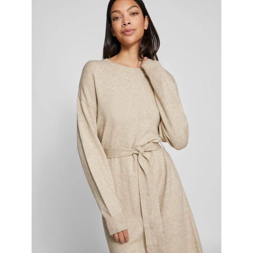 Vila Jurk met Lange Mouwen en Taille Riem Beige Dames