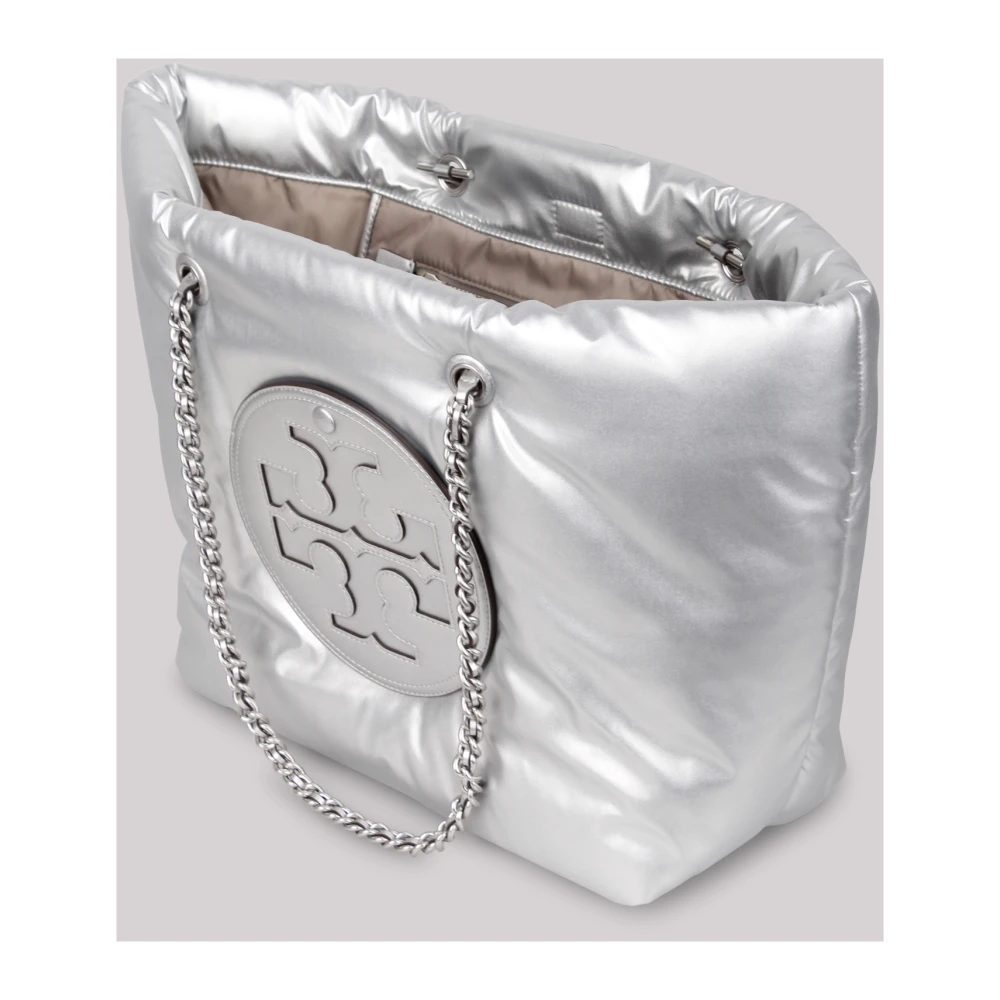 TORY BURCH Metallic Logo-Plaque Tote Bag Gray Dames