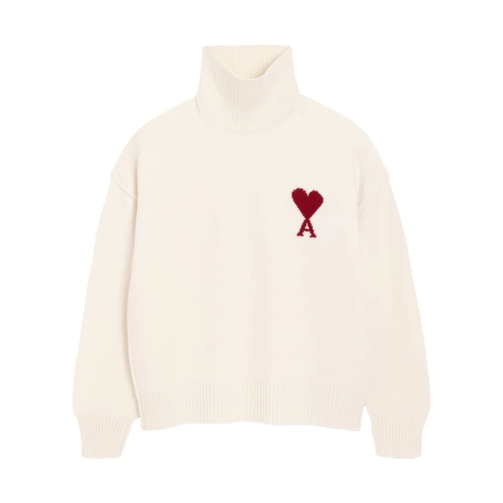 Ami Paris Men's White Heart Inlay Turtleneck Sweater