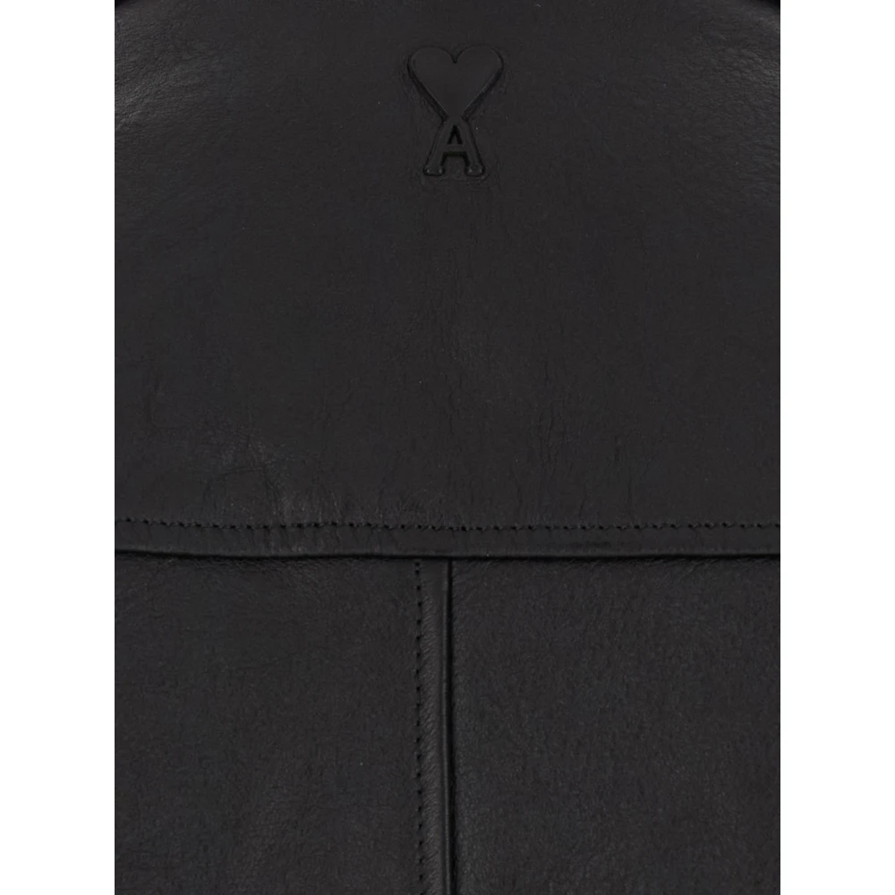 Ami Paris Zwarte leren jas met klassieke kraag Black Heren