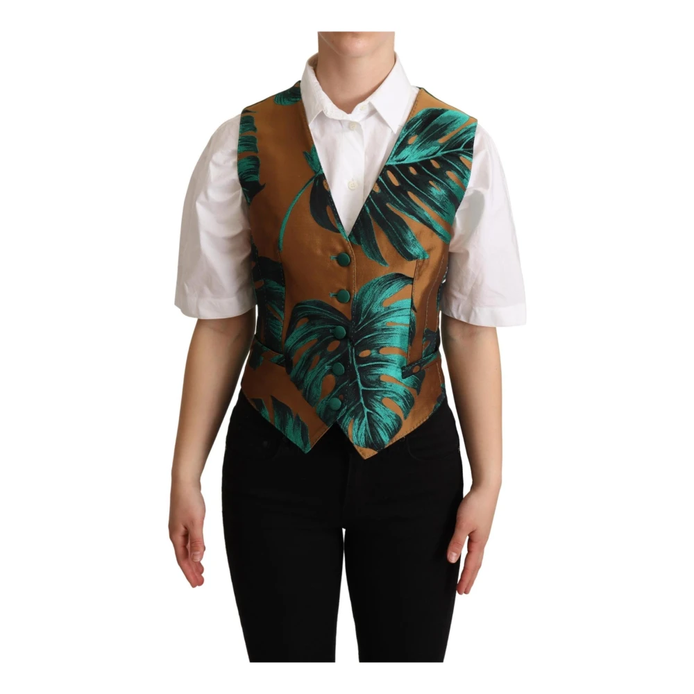 Dolce & Gabbana Women's Gold Tropical Leaf Print Silk Vest