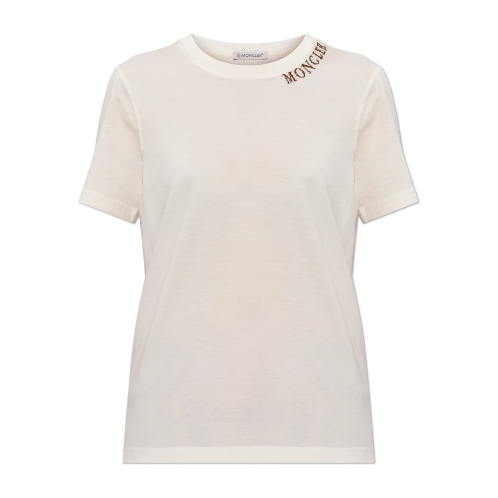 Moncler Beige T-Shirts, Female, S, T-Shirt With Embroidered Logo