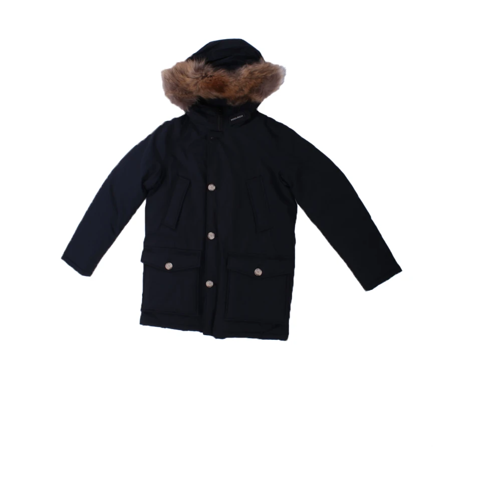 Woolrich Boys Blue Hooded Coat With Fur Trim