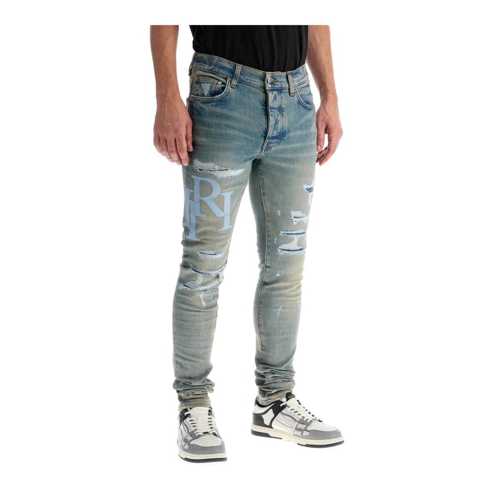 Amiri Versleten leren logo skinny jeans Blue Heren