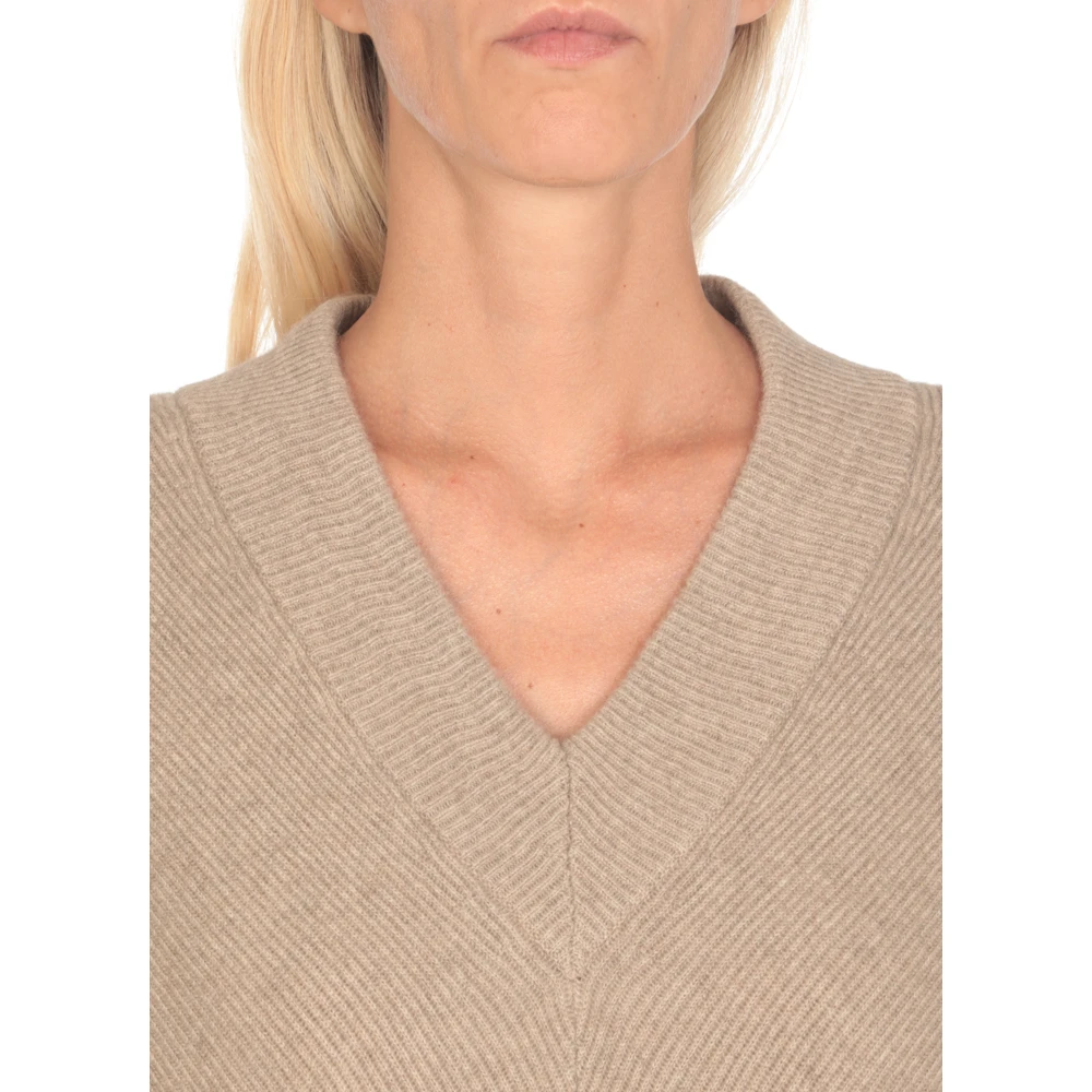 BRUNELLO CUCINELLI Bruine Kasjmier Jurk V-Hals Geribbeld Patroon Brown Dames