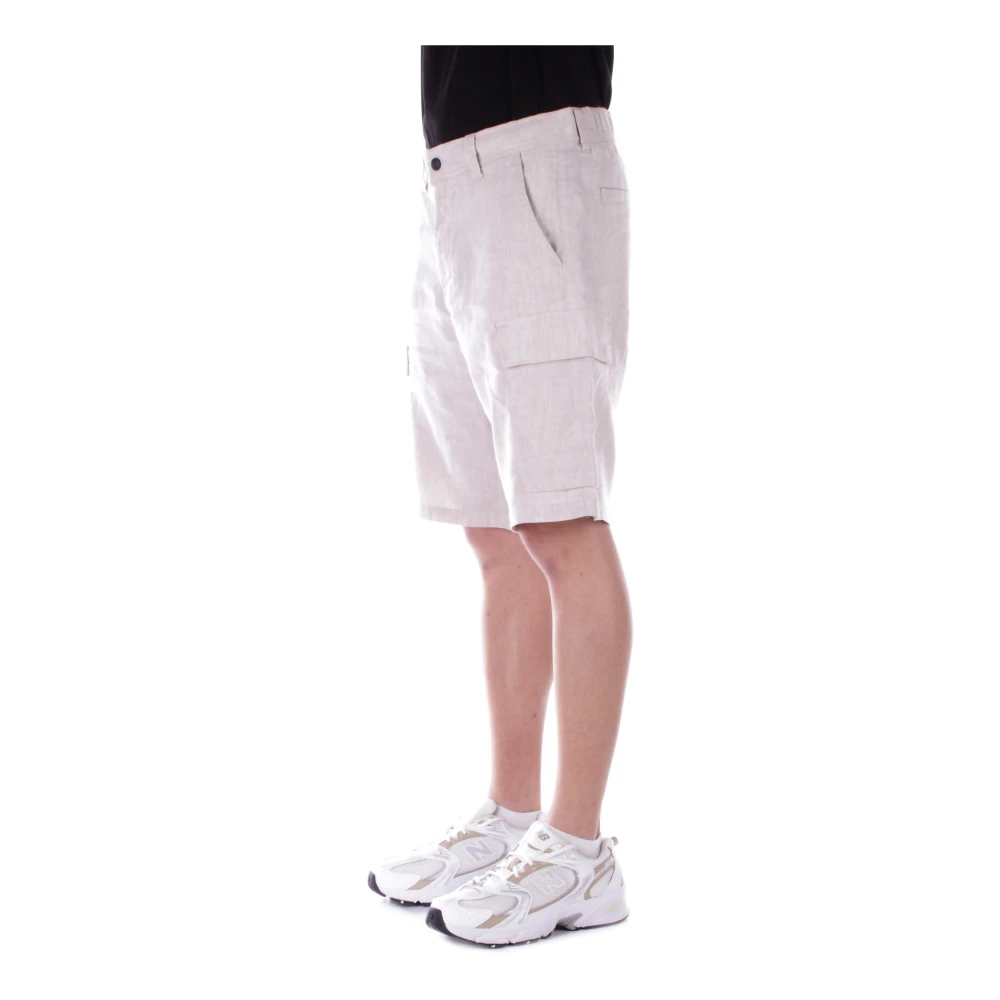 Hugo Boss Beige Linnen Shorts Rits Knoop Zakken Beige Heren