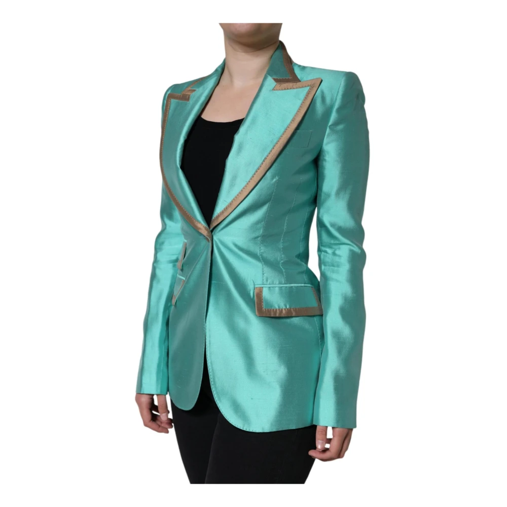 Dolce & Gabbana Metallic Groene Zijden Blazer met Peak Revers Green Dames