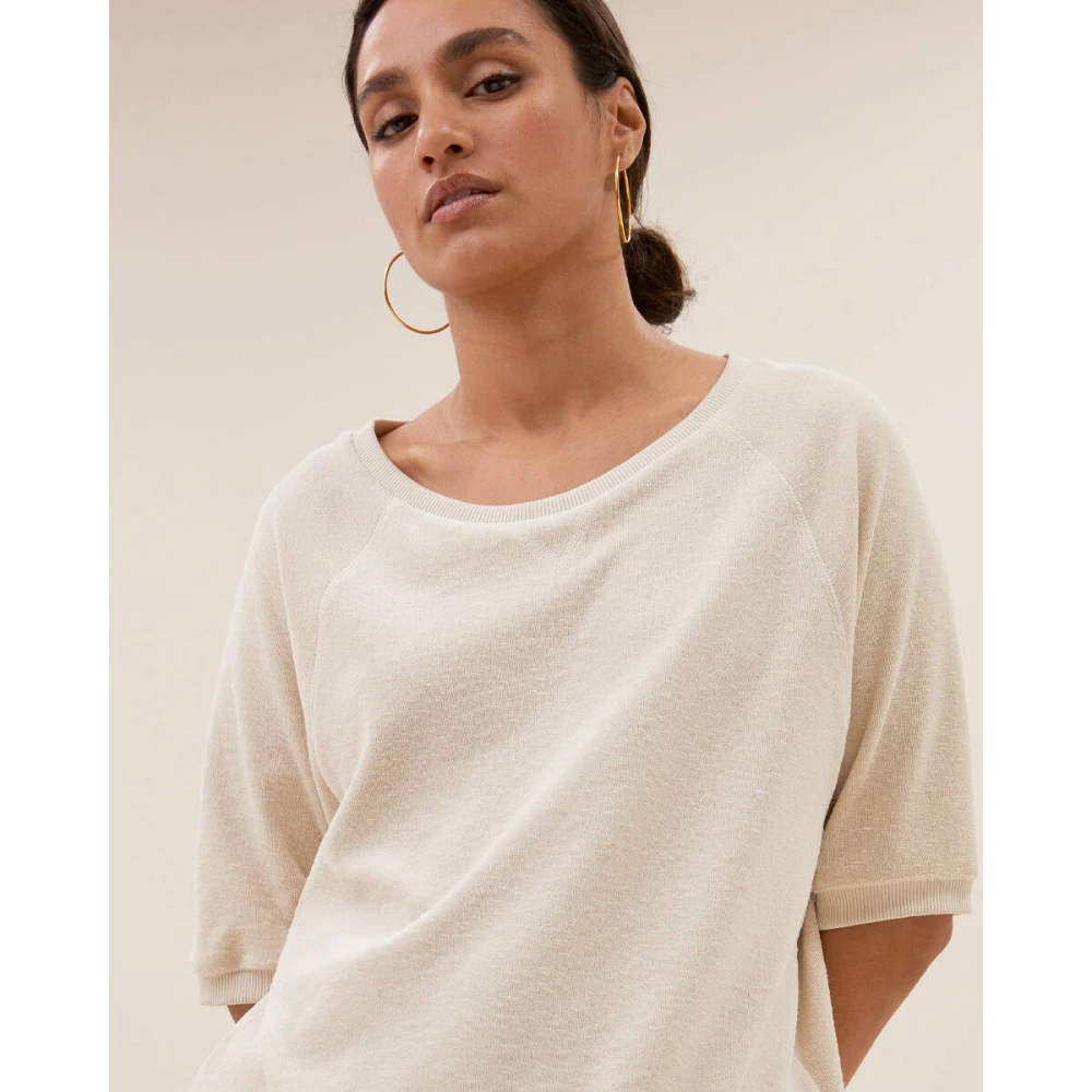 By-Bar Slub Top Korte Mouw Neva Stijl Beige Dames