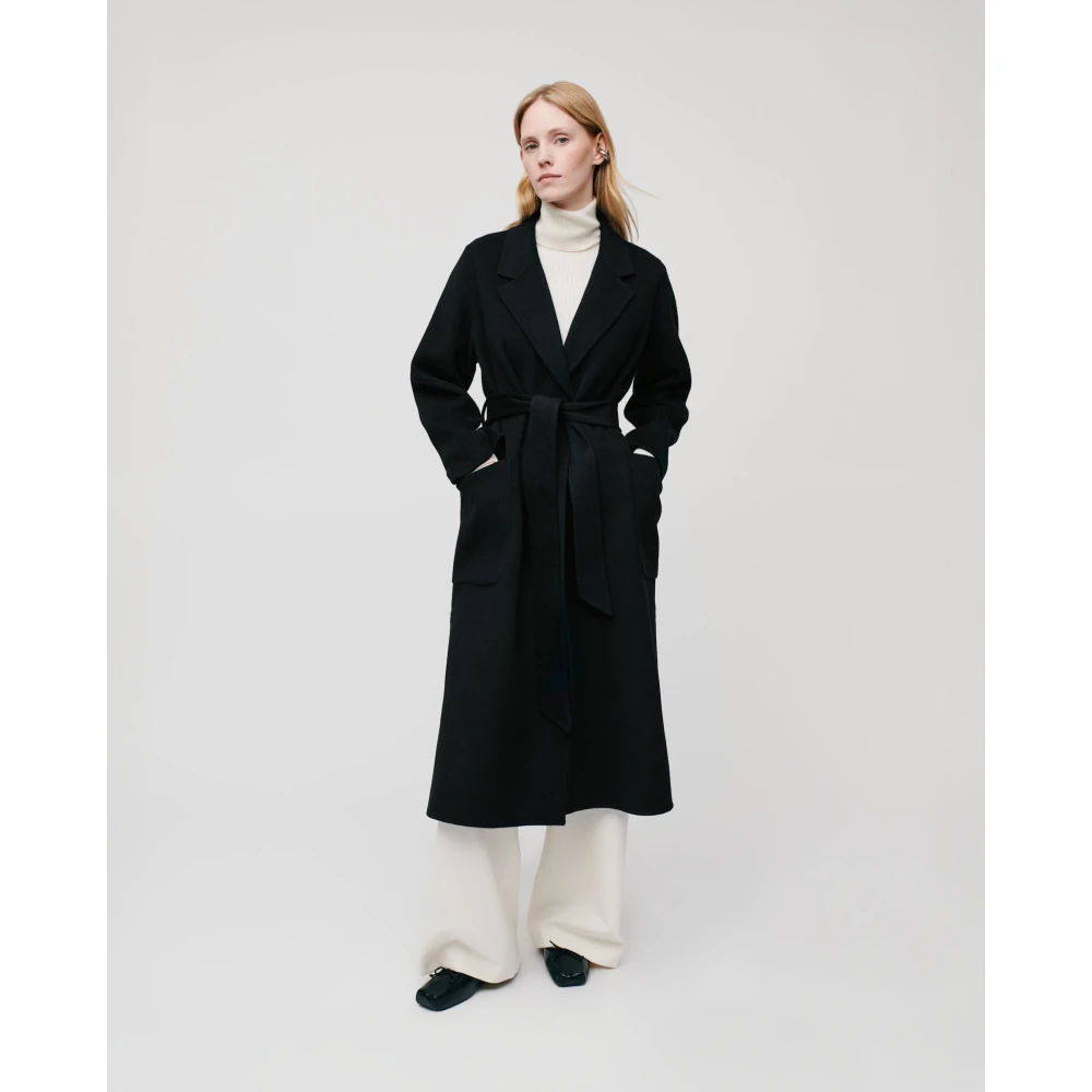 IVY OAK Midi Wollen Jas met Riem en Zakken Black Dames