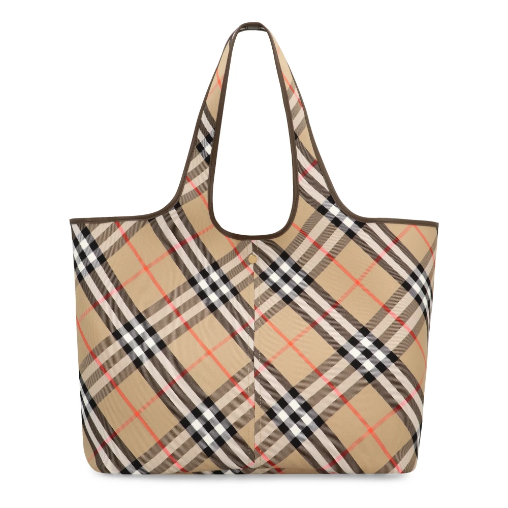 Burberry Geruite Motief Tote Tas met Leren Details Beige Dames