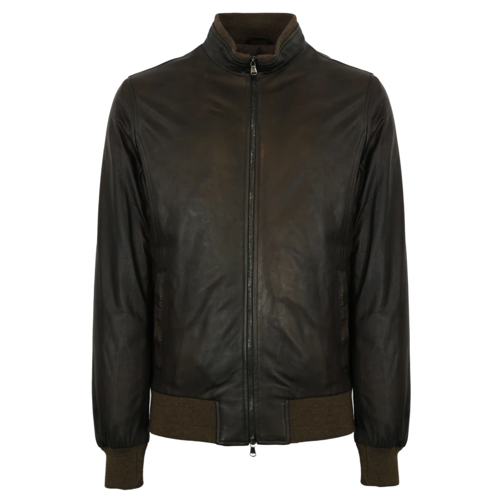 Barba Napoli Bruine Leren Jas Ritssluiting Geribbeld Brown Heren