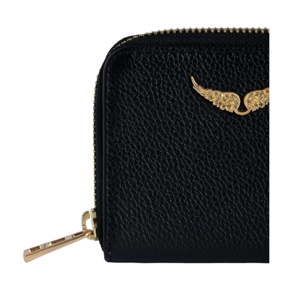 Zadig & Voltaire Zwarte leren portemonnee met gouden vleugels Black Dames