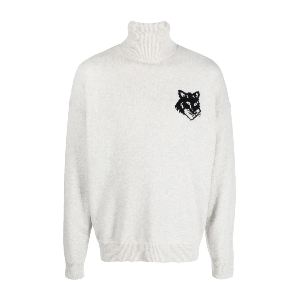 Maison Kitsuné Men's Gray Turtlenecks, L, Fox Head Intarsia Logo Turtleneck Jumper