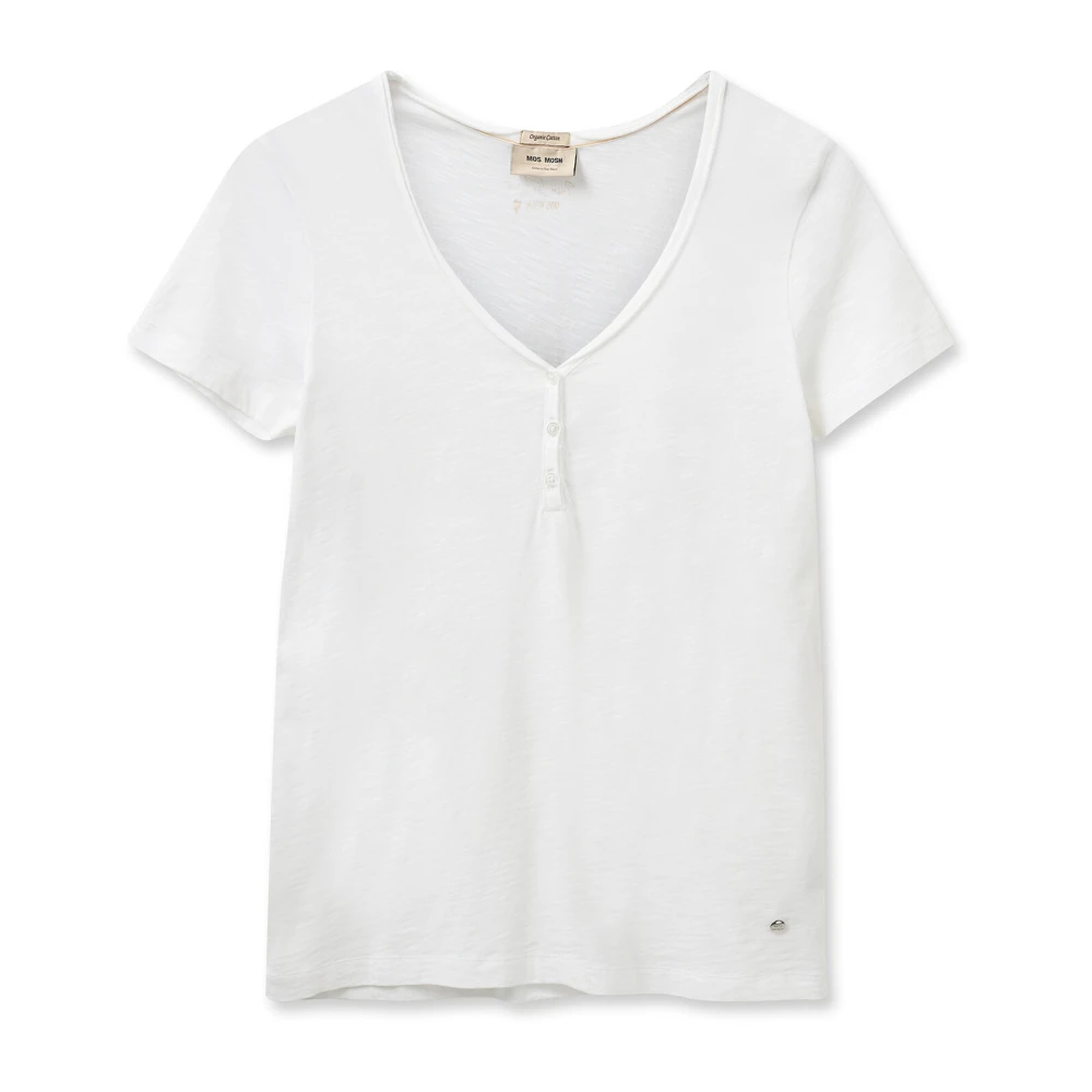 MOS MOSH Basic Tee Top met V-hals en knopen White Dames
