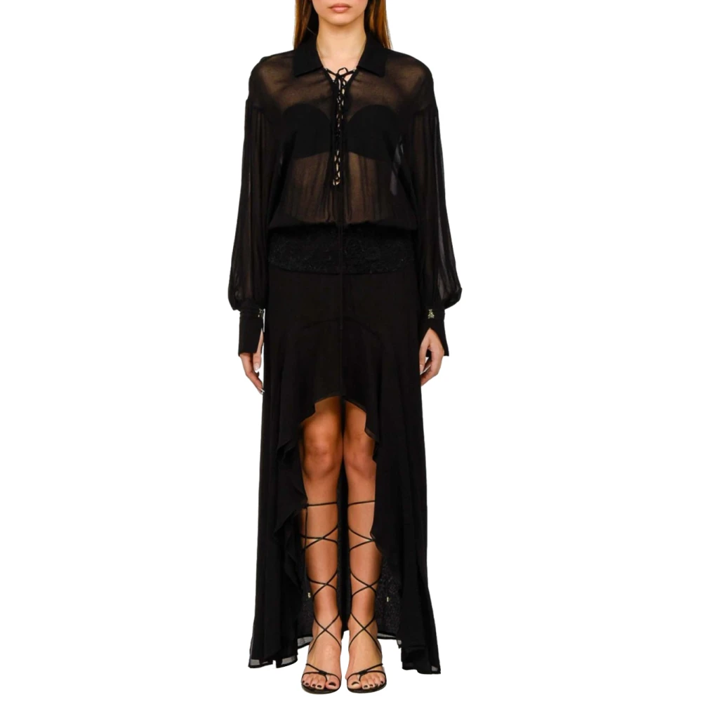 Patrizia Pepe Vrouw Zwart Kleedjes Dames, S, Polyester, Lange Georgette Jurk Met Kantdetails