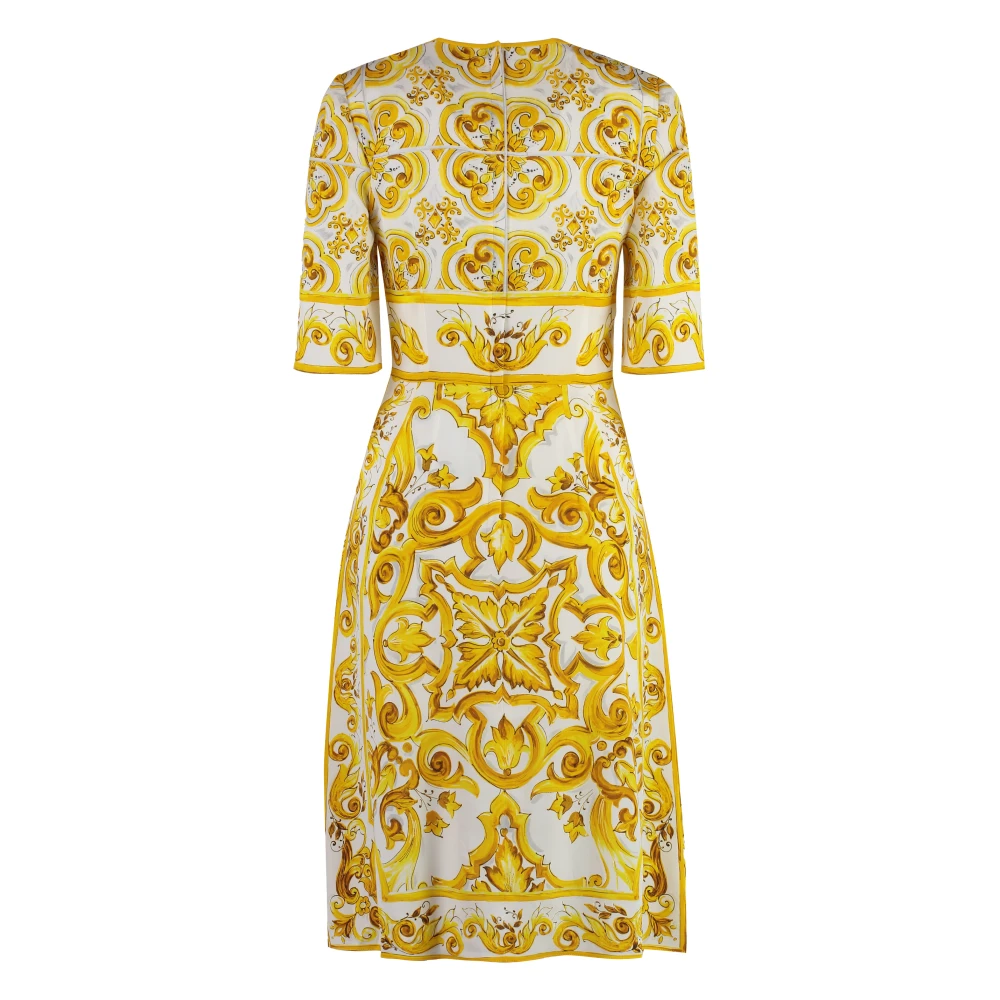 Dolce & Gabbana Majolica-print Charmeuse Midi Jurk Yellow Dames